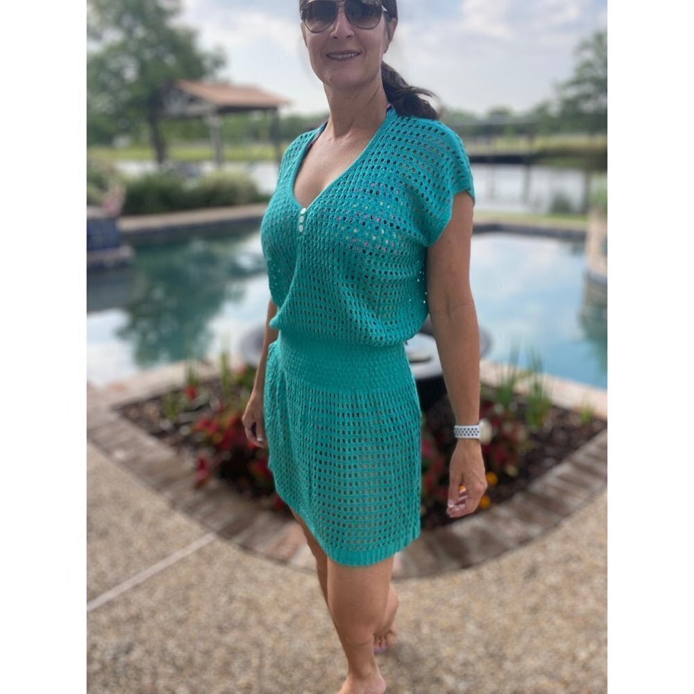 ❤️‍🔥Crochet Mesh Mini Beach Swimsuit Lightweight Cover Up Aqua Green 2222